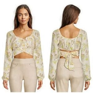 Madden NYC Floral Crop Top Long‎ Sleeve Tie Back Blouse Sweetheart Neck M